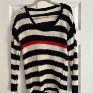 Striped Black and White Sweater with Red Accent